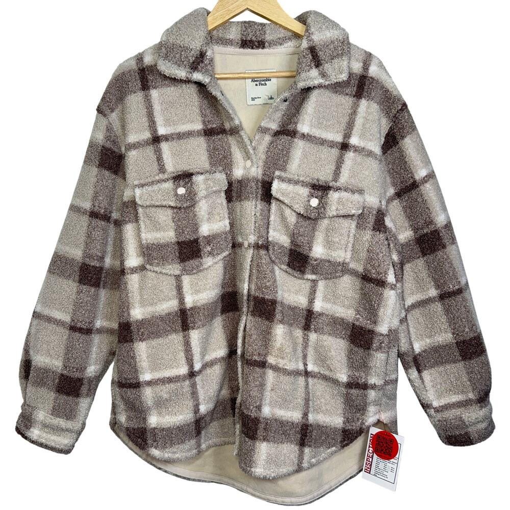 Abercrombie & Fitch Tan Brown Plaid Sherpa Fleece Shacket Teddy Jacket Size L